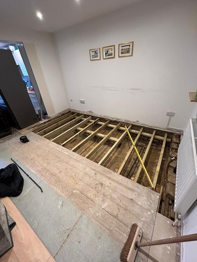 Dry rot outbreak below the floor of a 1920s flat in Cambridge.